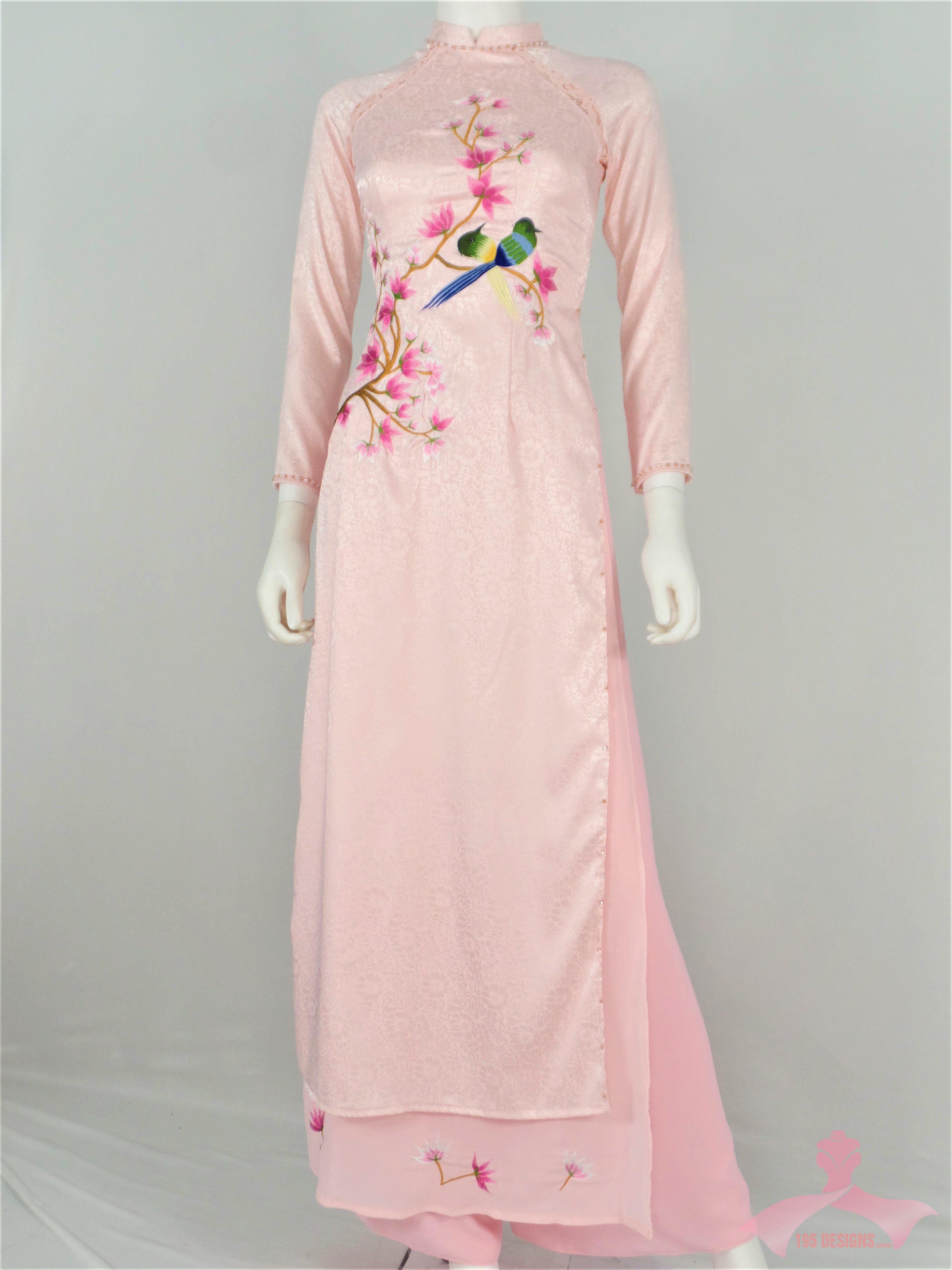 Áo Dài Gấm Hồng Phấn thêu hoa | Light Pink Ao Dai with embroidered Flower Vietnamese Traditional Long Dress