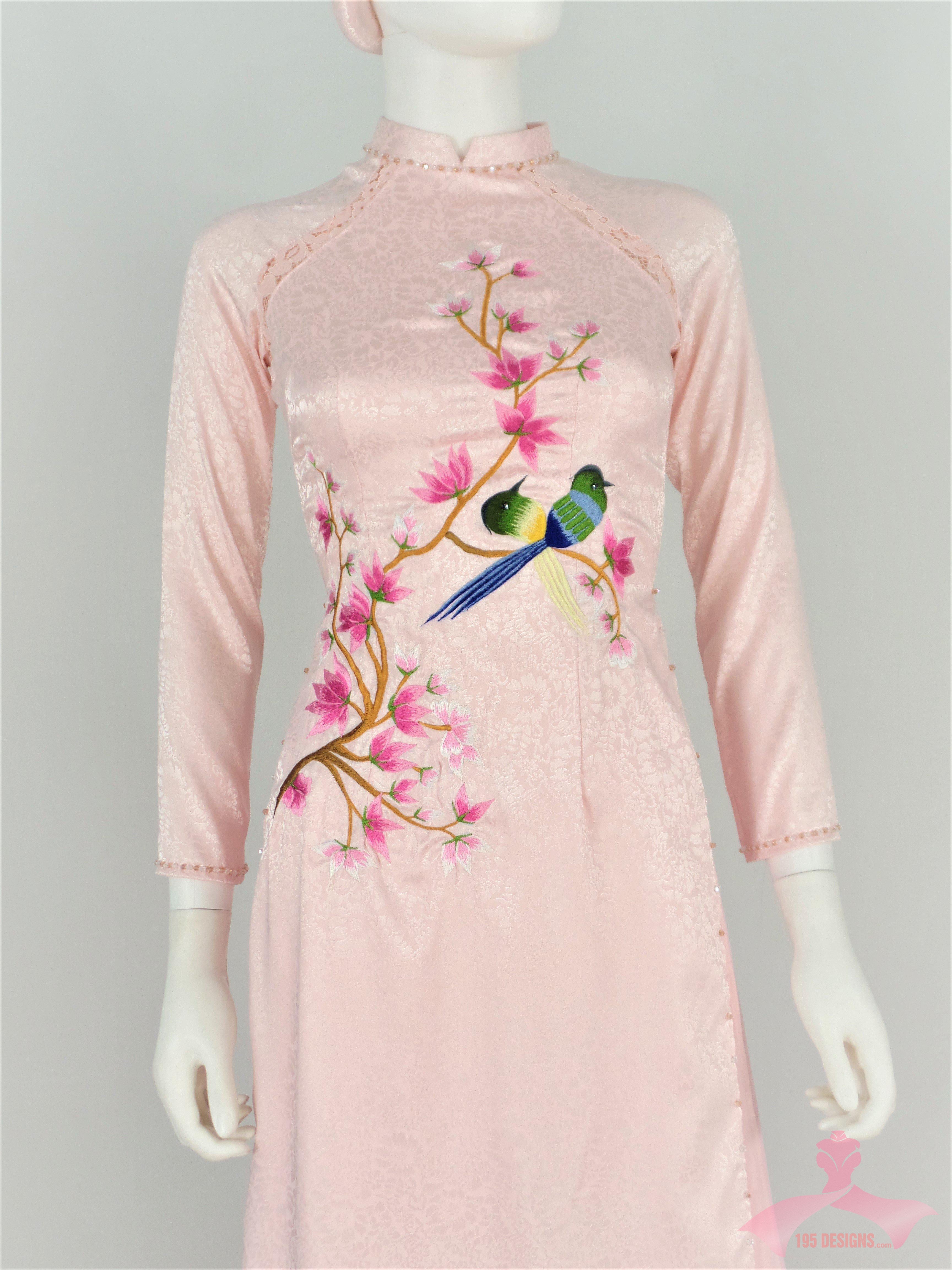 Áo Dài Gấm Hồng Phấn thêu hoa | Light Pink Ao Dai with embroidered Flower Vietnamese Traditional Long Dress