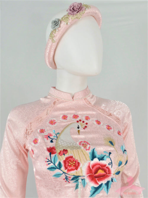 Áo Dài gấm hồng phấn thêu  chim công  | Light Pink Embroidered Peacock Ao Dai