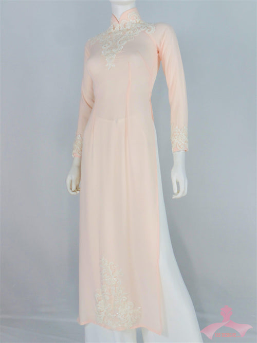 Áo Dài Chiffon hồng phấn kết đá | Light Pink Ao Dai Vietnamese Traditional Long Dress