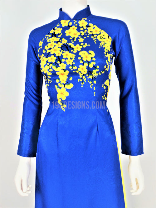 Áo Dài Gấm Vân Gỗ Xanh Hoa Mai | Blue Ao Dai with Yellow Apricot Flowers Set