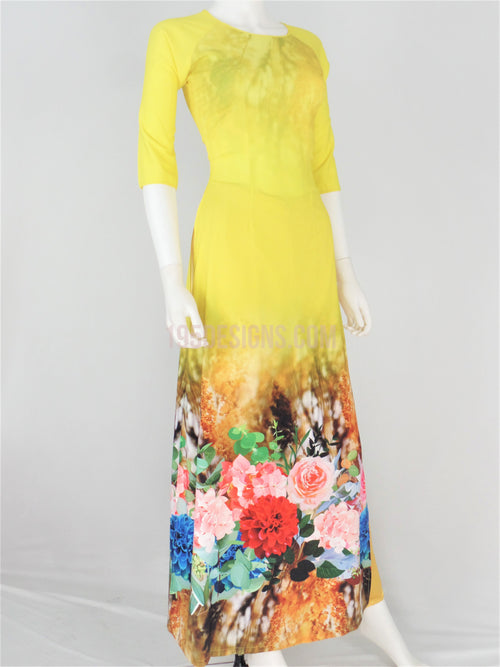 Áo Dài Lụa Giản Màu Vàng In Hoa | Yellow Ao Dai Vietnamese