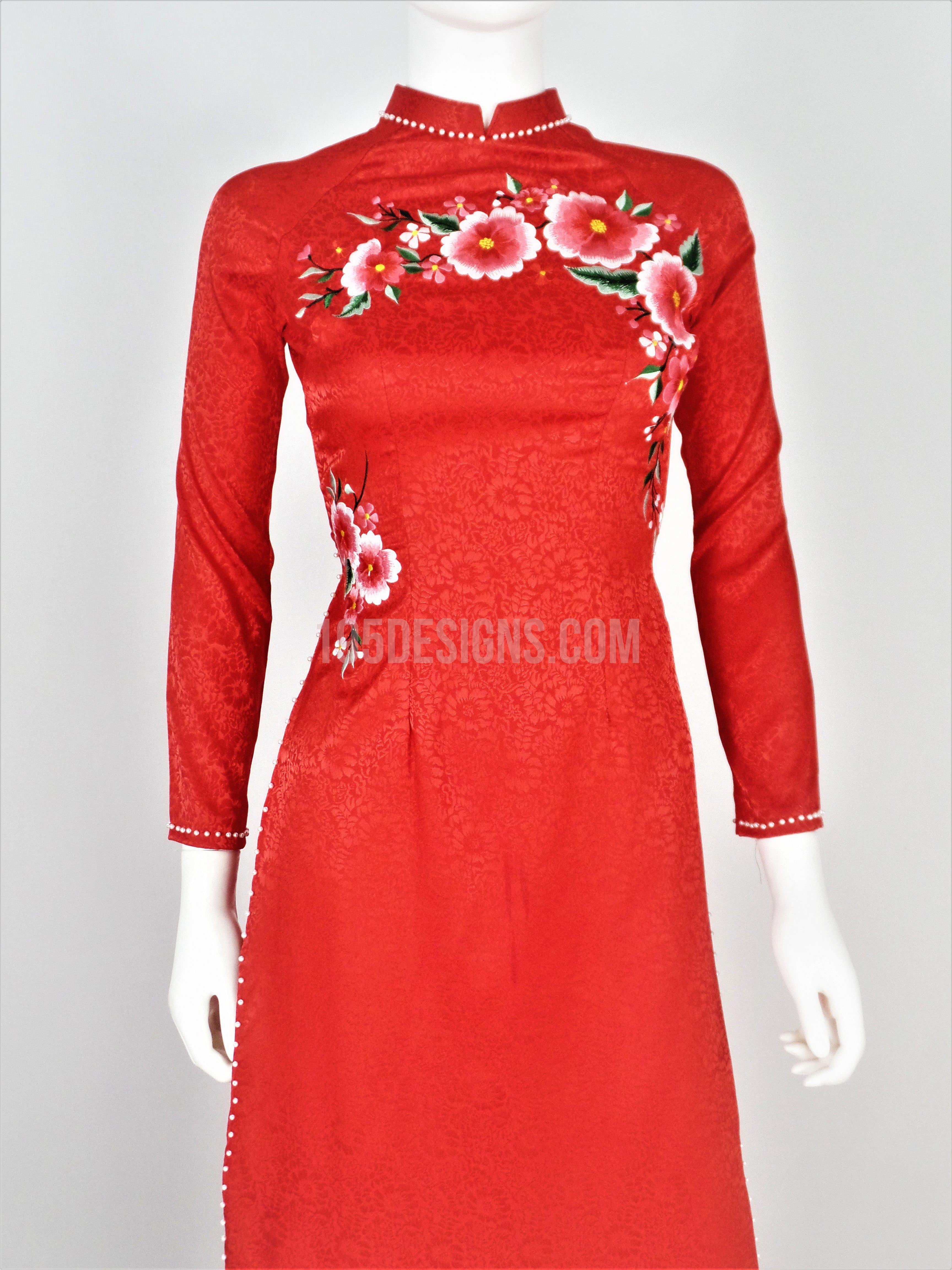 Áo Dài gấm đỏ thêu hoa  | Red Embroidered Ao Dai