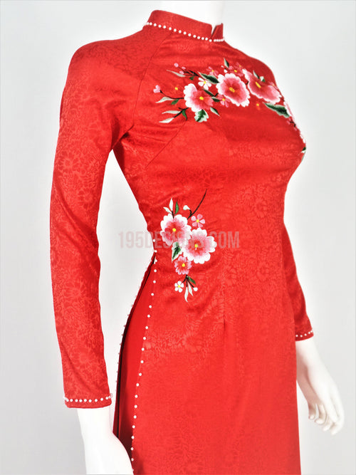 Áo Dài gấm đỏ thêu hoa  | Red Embroidered Ao Dai