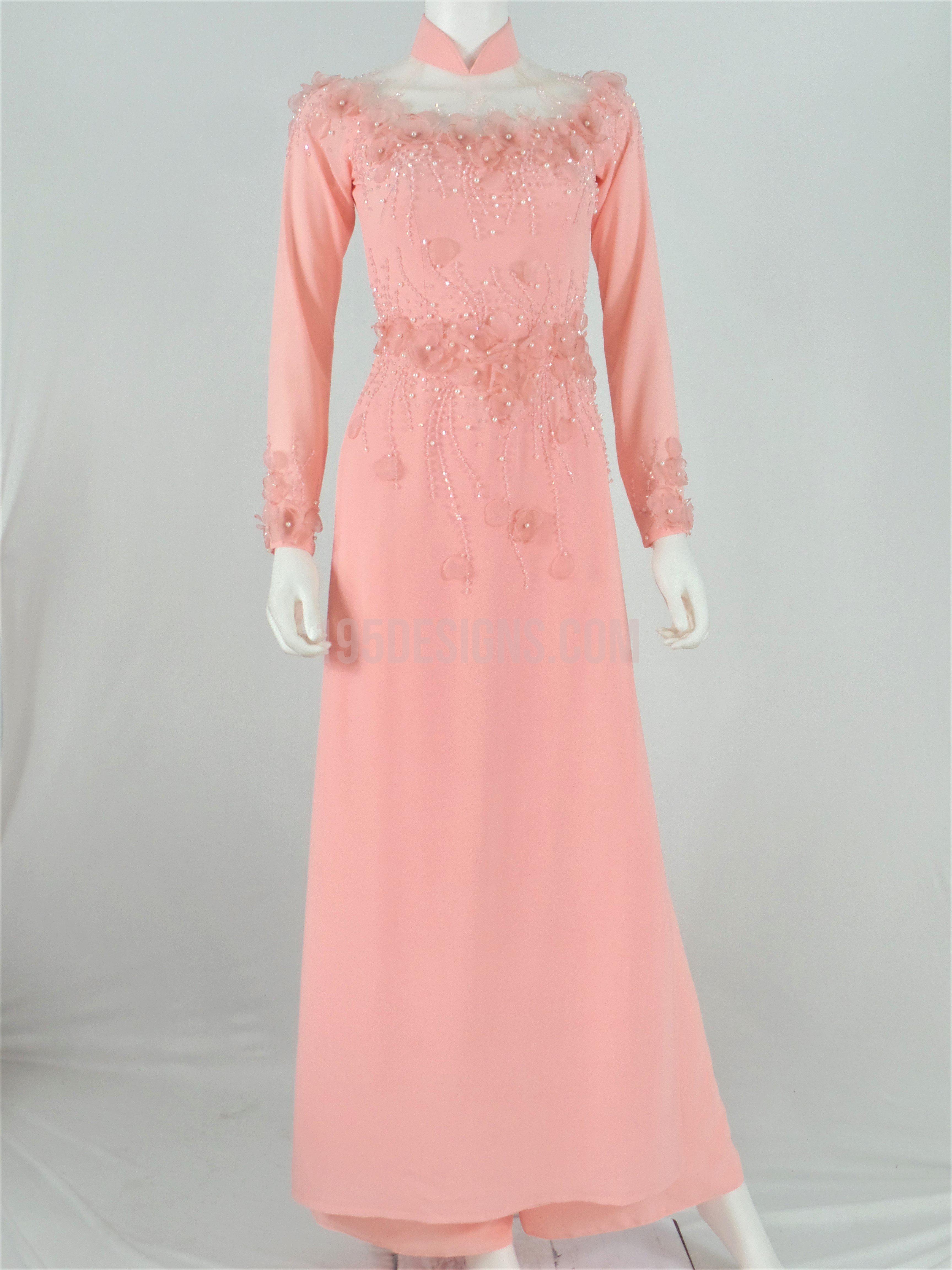Pink Ao Dai Crystal Vietnamese Long Dress / Áo Dài Hồng Đính Hoa 3D