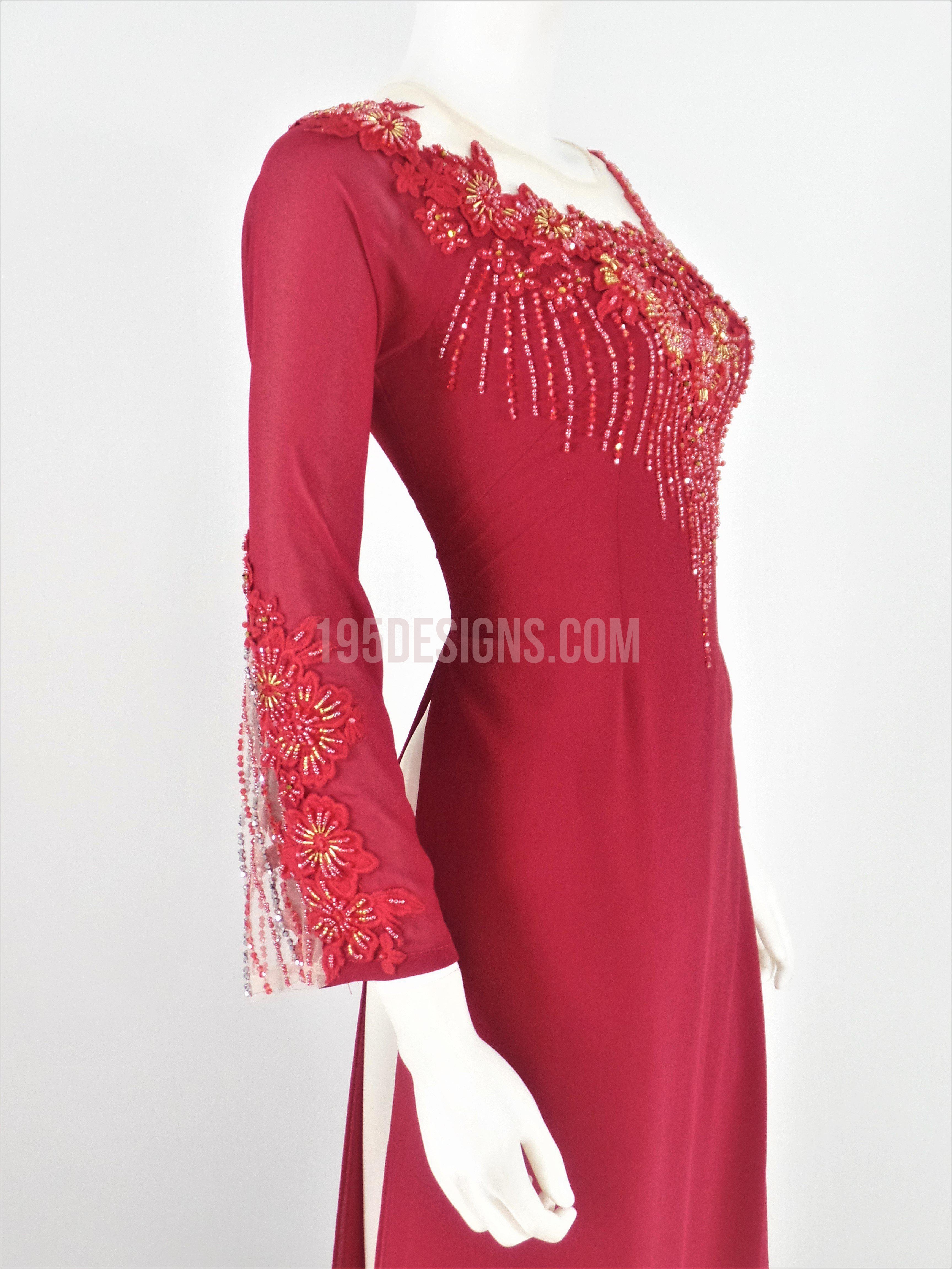 Red Ao Dai Crystal Vietnamese Long Dress / Áo Dài Đỏ Đính Cườm