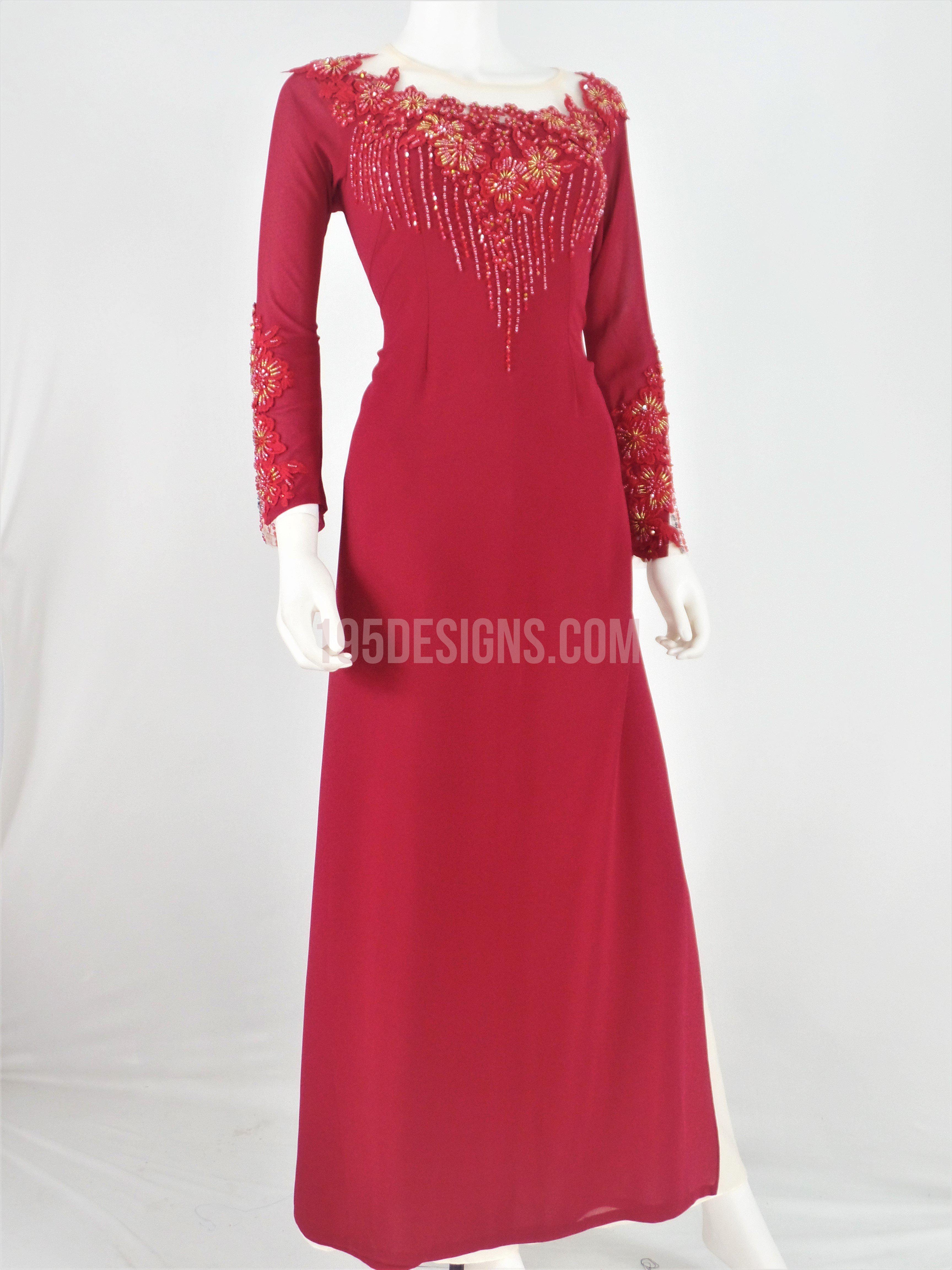 Red Ao Dai Crystal Vietnamese Long Dress / Áo Dài Đỏ Đính Cườm