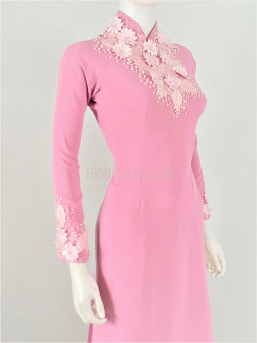 Pink Ao Dai Crystal Vietnamese Long Dress / Áo Dài Hồng Đính Hoa 3D