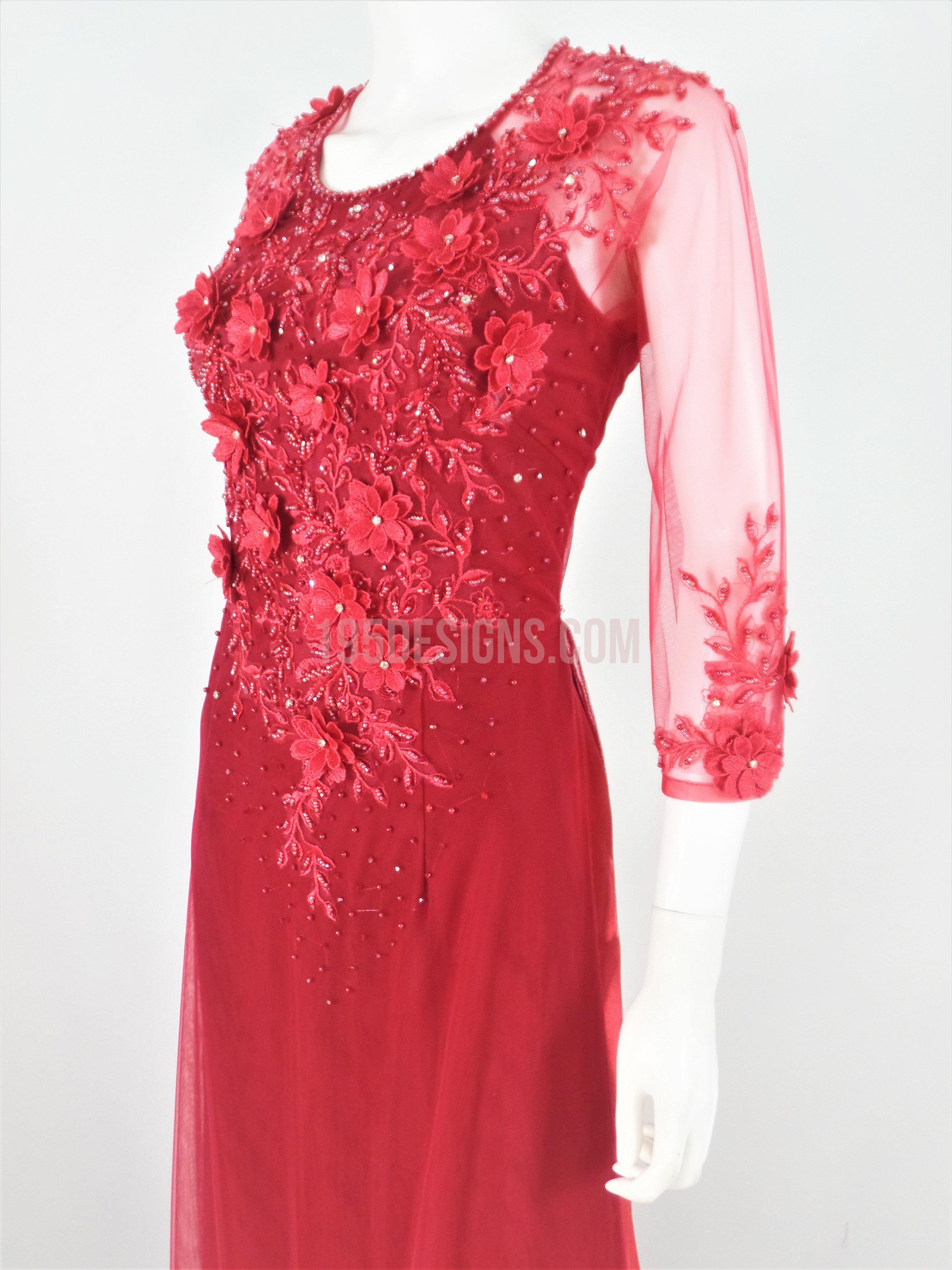 Red Ao Dai Crystal Vietnamese Long Dress / Áo Dài Đỏ Đính Đá Cườm