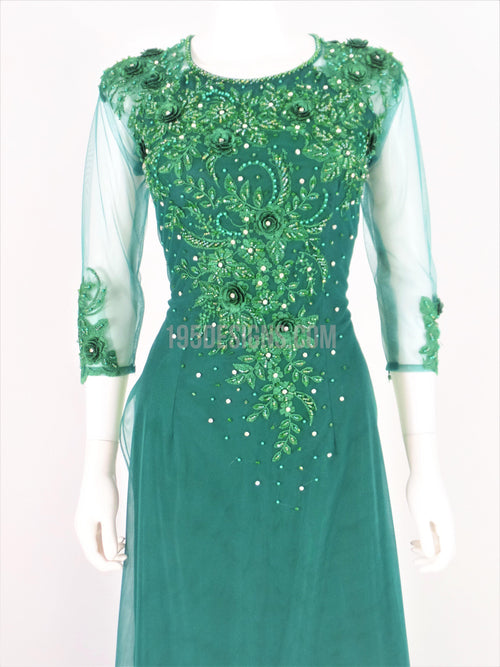 Green Ao Dai Crystal Vietnamese Long Dress / Áo Dài Xanh Đính Đá Cườm
