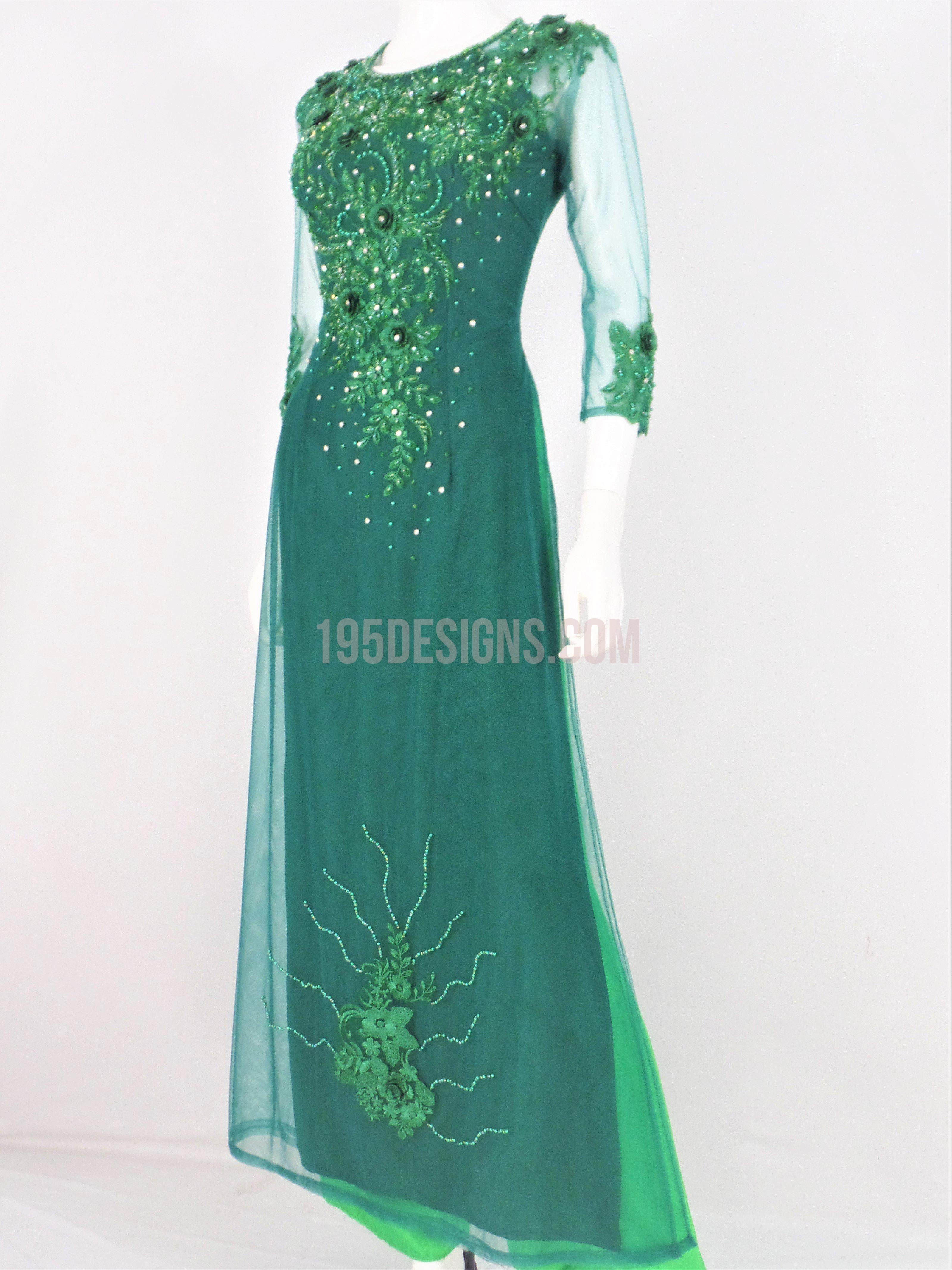 Green Ao Dai Crystal Vietnamese Long Dress / Áo Dài Xanh Đính Đá Cườm