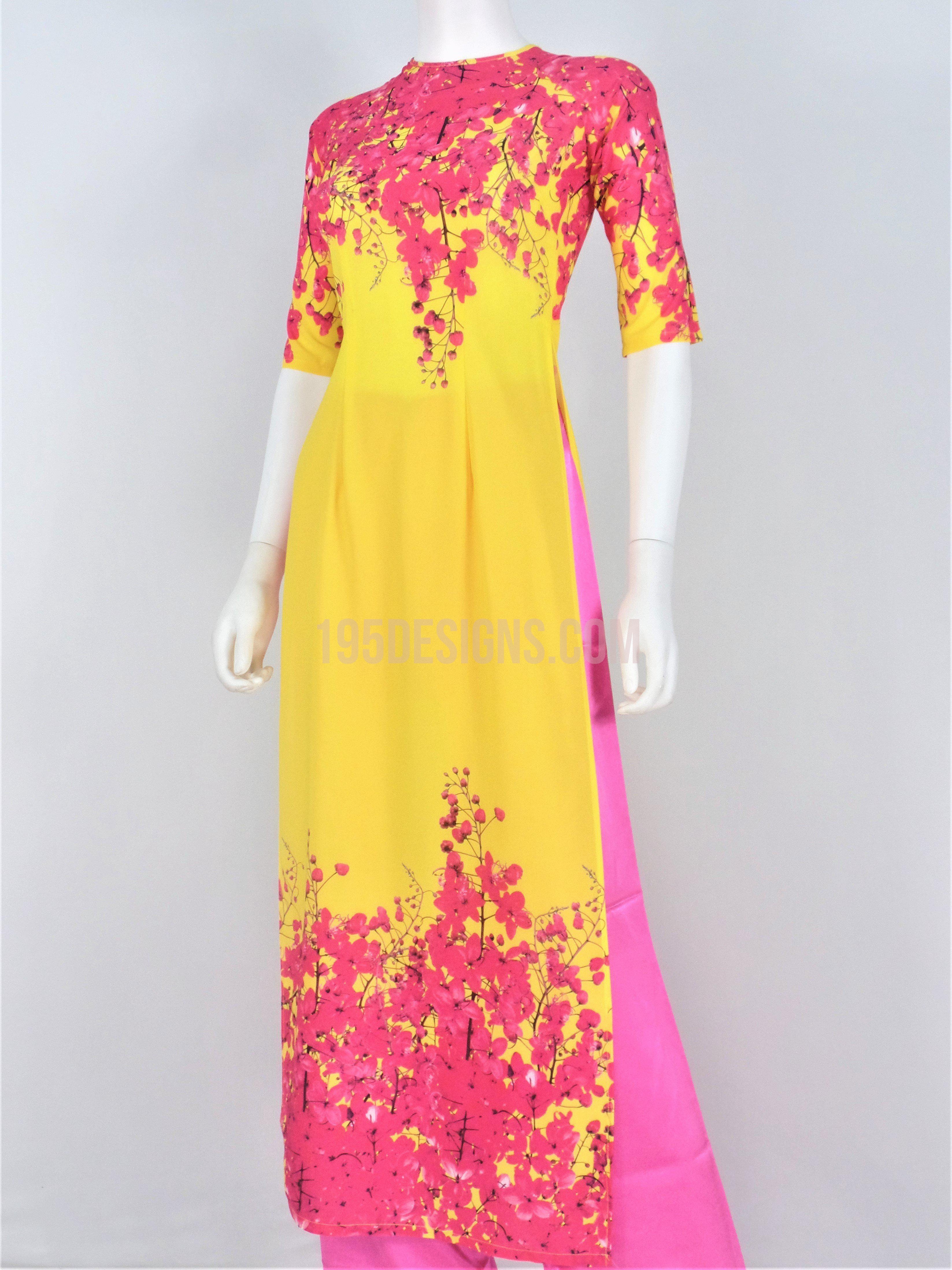 Áo Dài Lụa Vàng In Hoa Hồng | Yellow Ao Dai Pink Flower Vietnamese