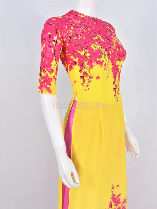 Áo Dài Lụa Vàng In Hoa Hồng | Yellow Ao Dai Pink Flower Vietnamese