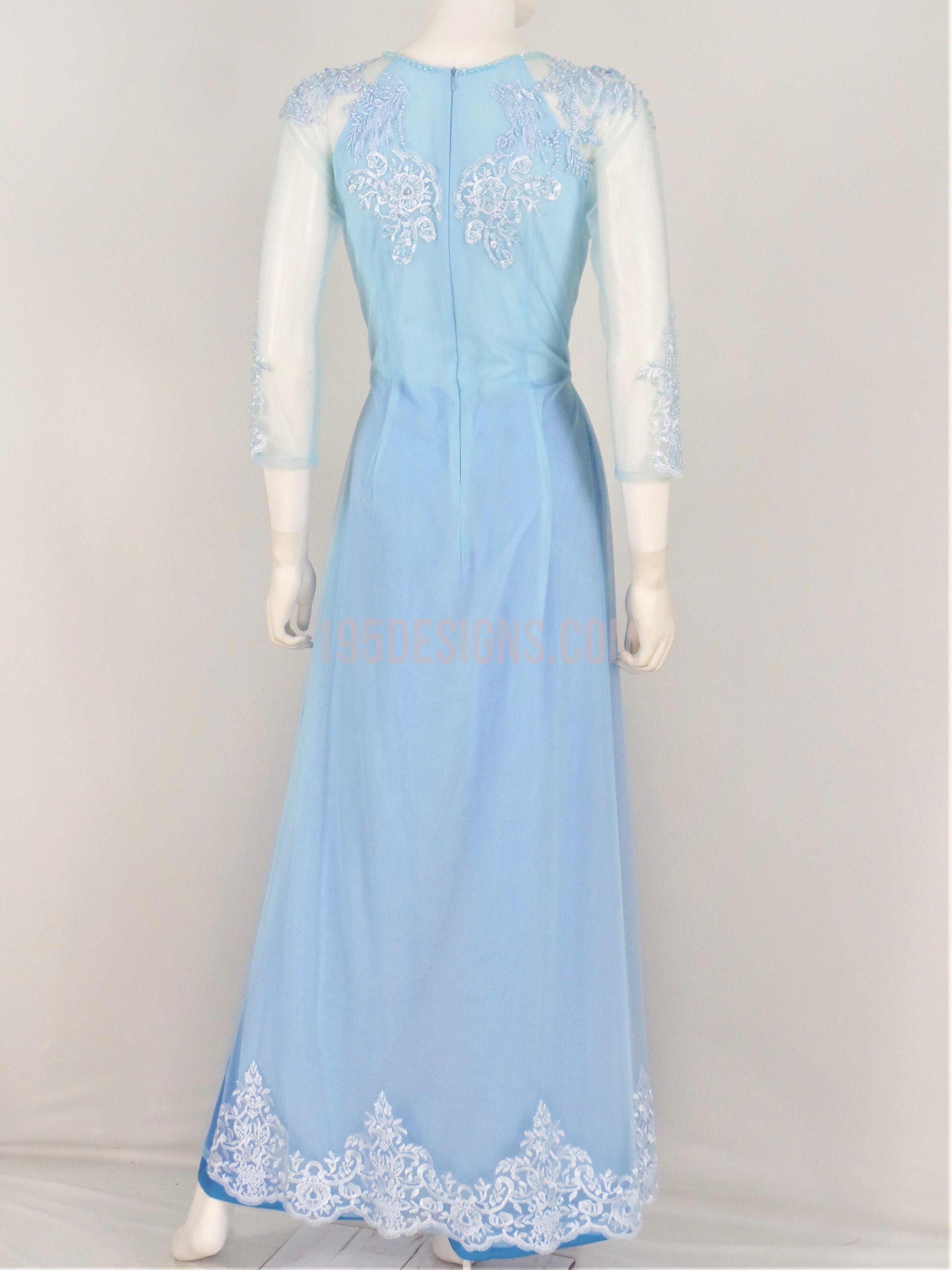 Light Blue Ao Dai Crystal Vietnamese Long Dress / Áo Dài Xanh Lợt Đính Đá Cườm