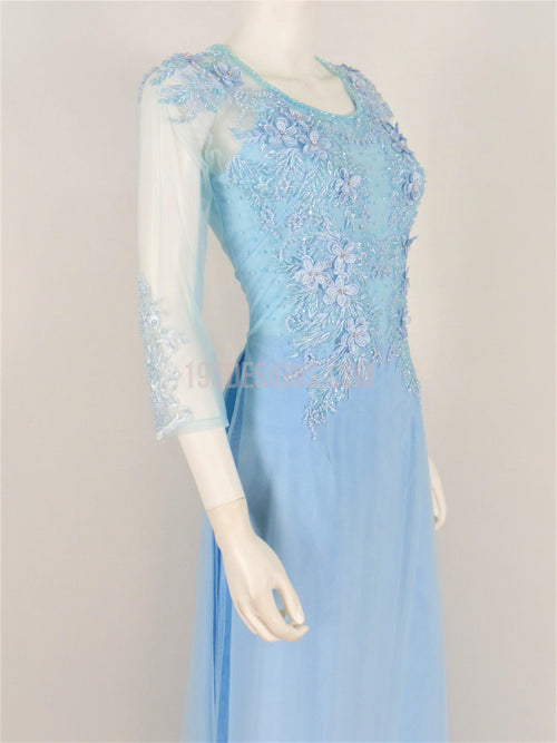 Light Blue Ao Dai Crystal Vietnamese Long Dress / Áo Dài Xanh Lợt Đính Đá Cườm