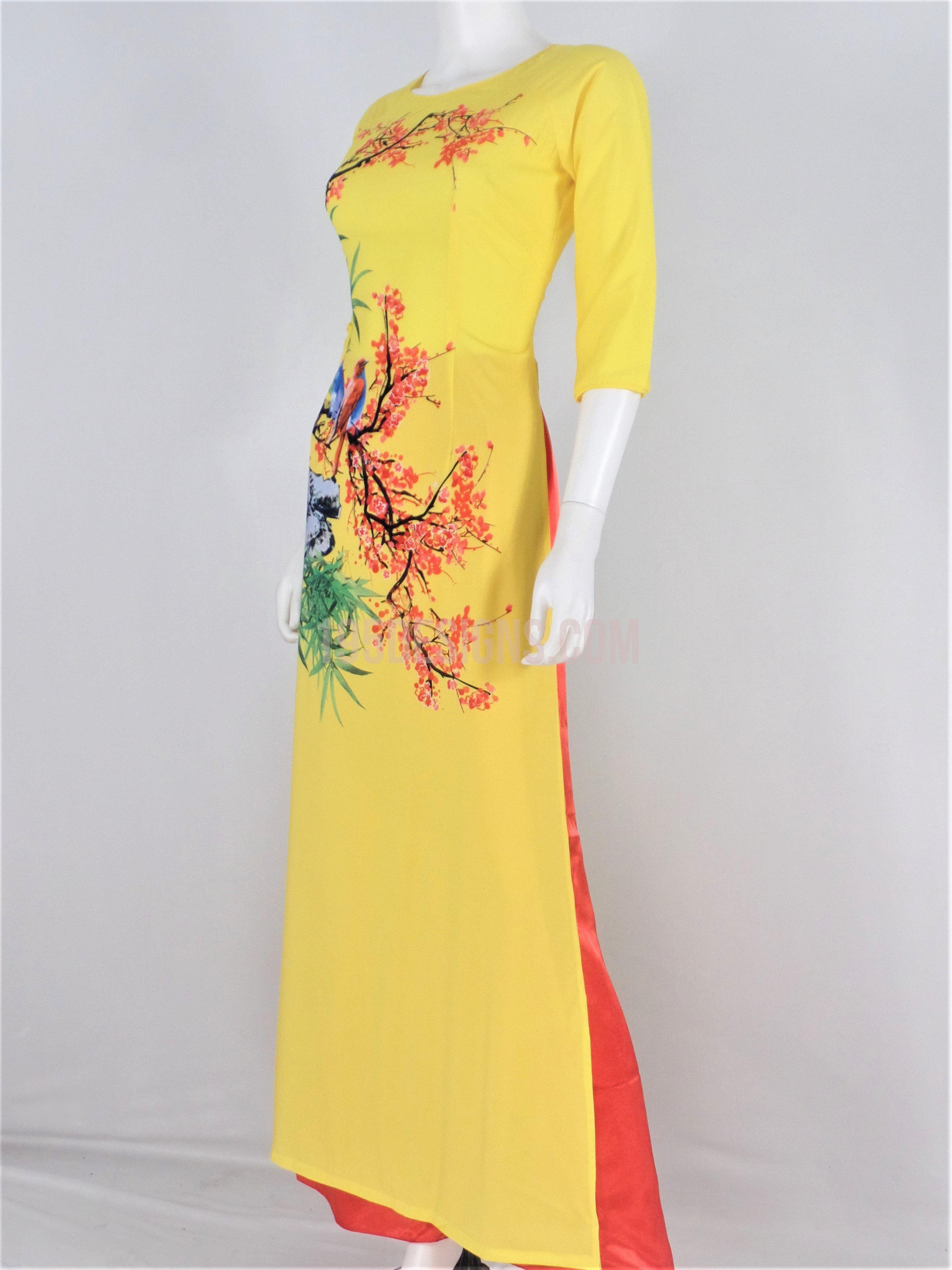 Áo Dài Lụa Giản Vàng In Hoa | Yellow Ao Dai Vietnamese