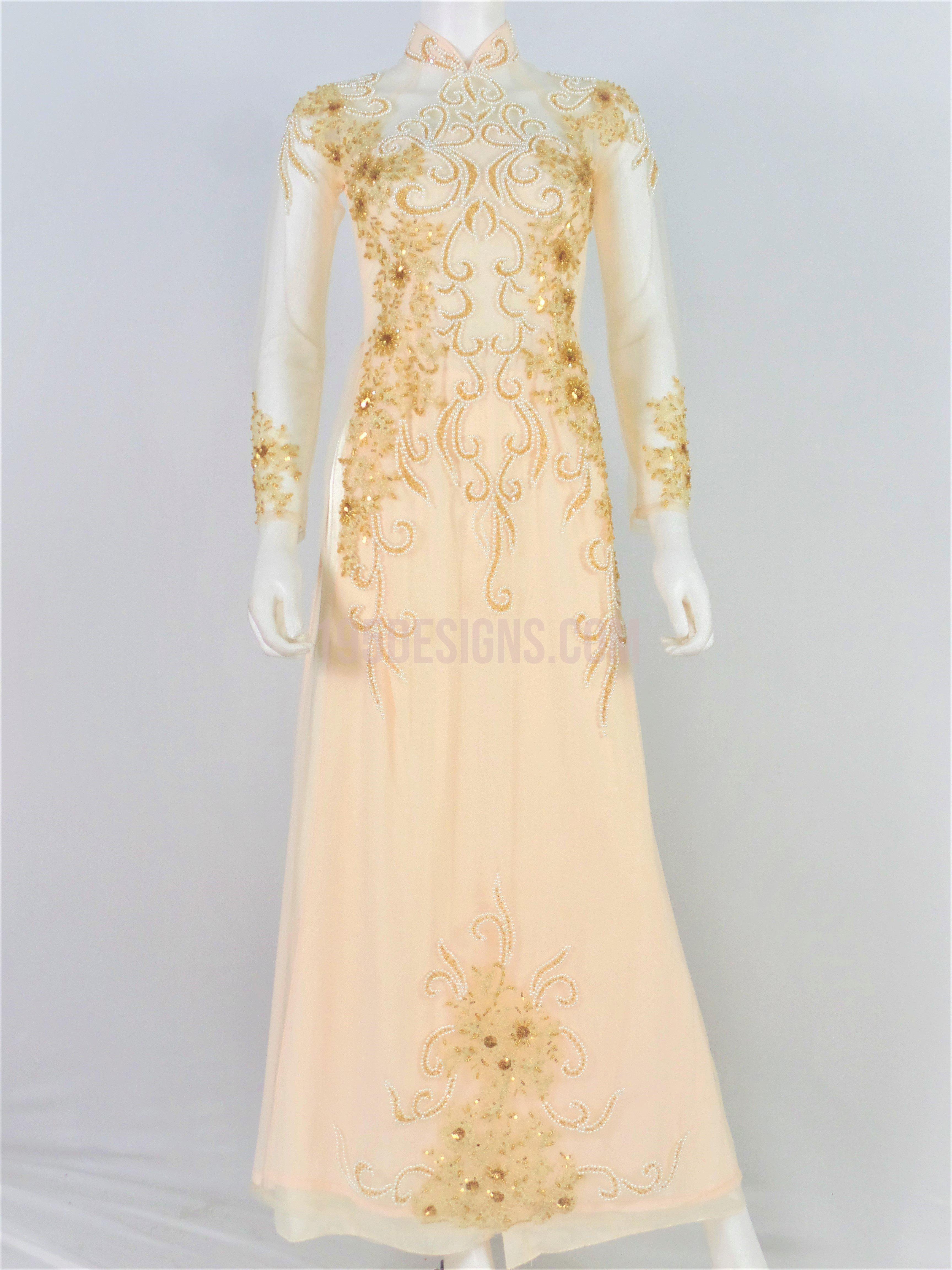 Ao Dai Crystal Vietnamese Long Dress / Áo Dài Màu Kem Đính Đá Cườm