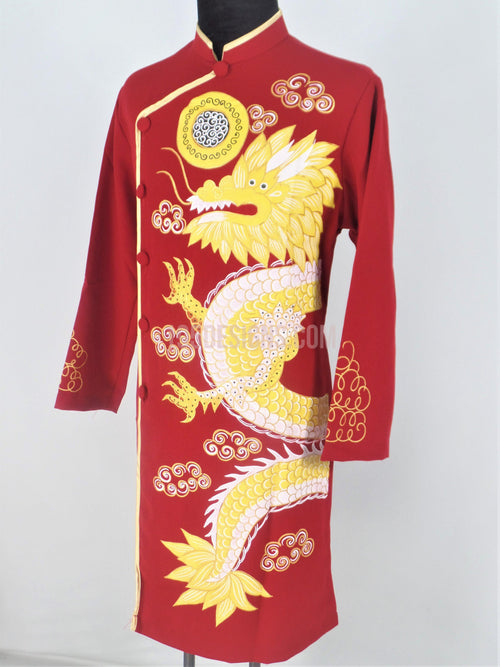 Red Ao Dai Men -  Áo Dài Đỏ Nam Vẽ Rồng Vải Co Giản Nhẹ