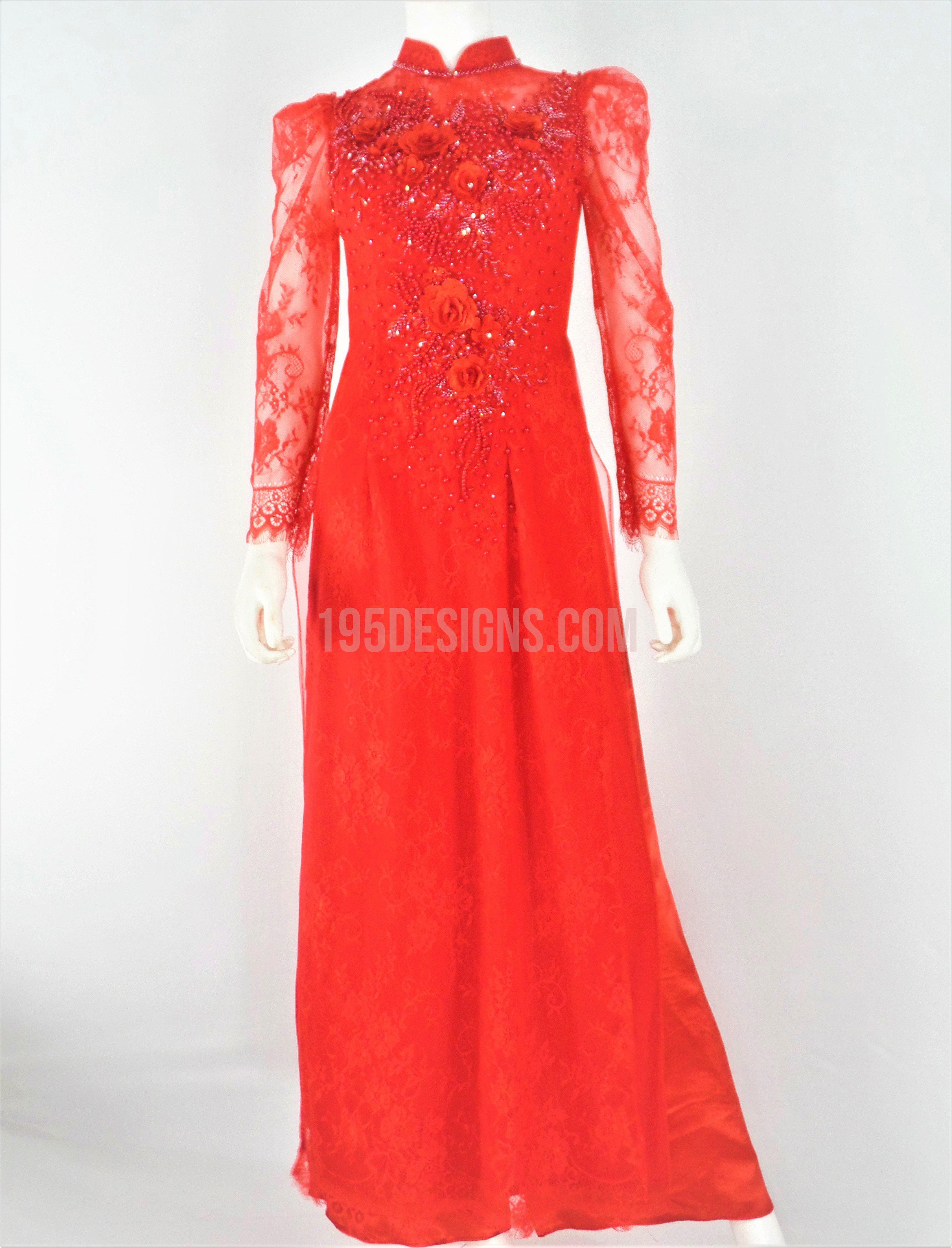 Red Ao Dai Crystal Vietnamese Long Dress / Áo Dài Ren Đỏ Tay Phồng Kết Hoa 3D