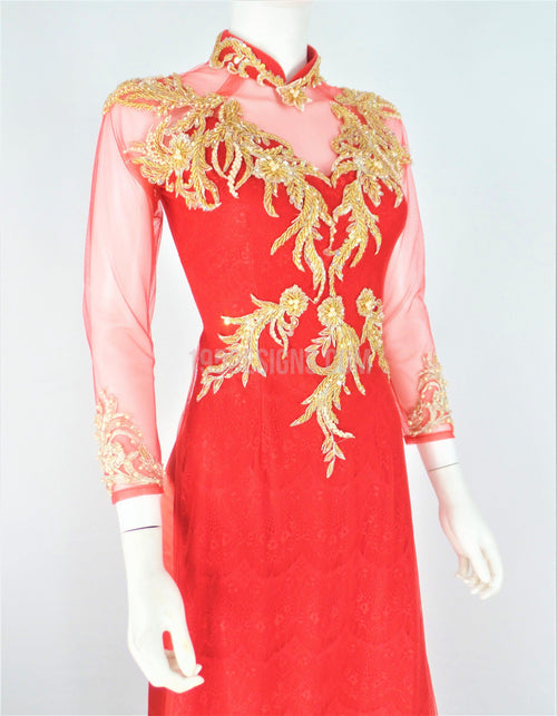 Red Ao Dai Crystal Vietnamese Long Dress / Áo Dài Đỏ Đính Đá Cườm