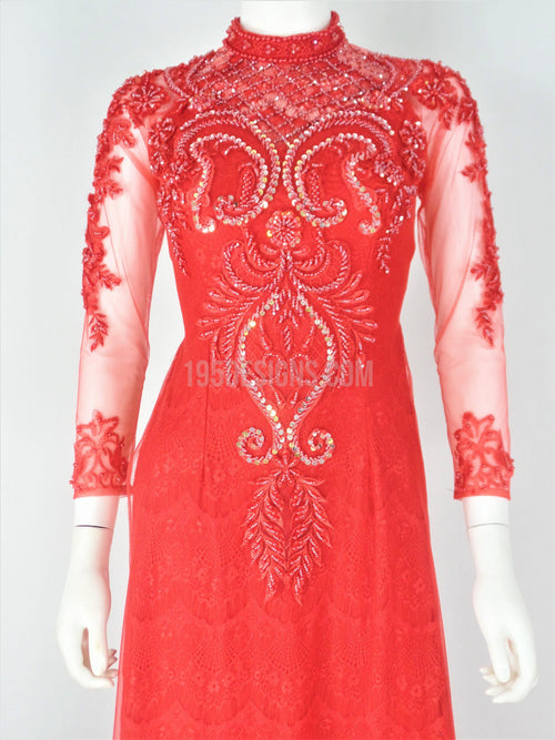 Red Ao Dai Crystal Vietnamese Long Dress / Áo Dài Ren Đỏ Cổ Tròn Kết Pha Lê.