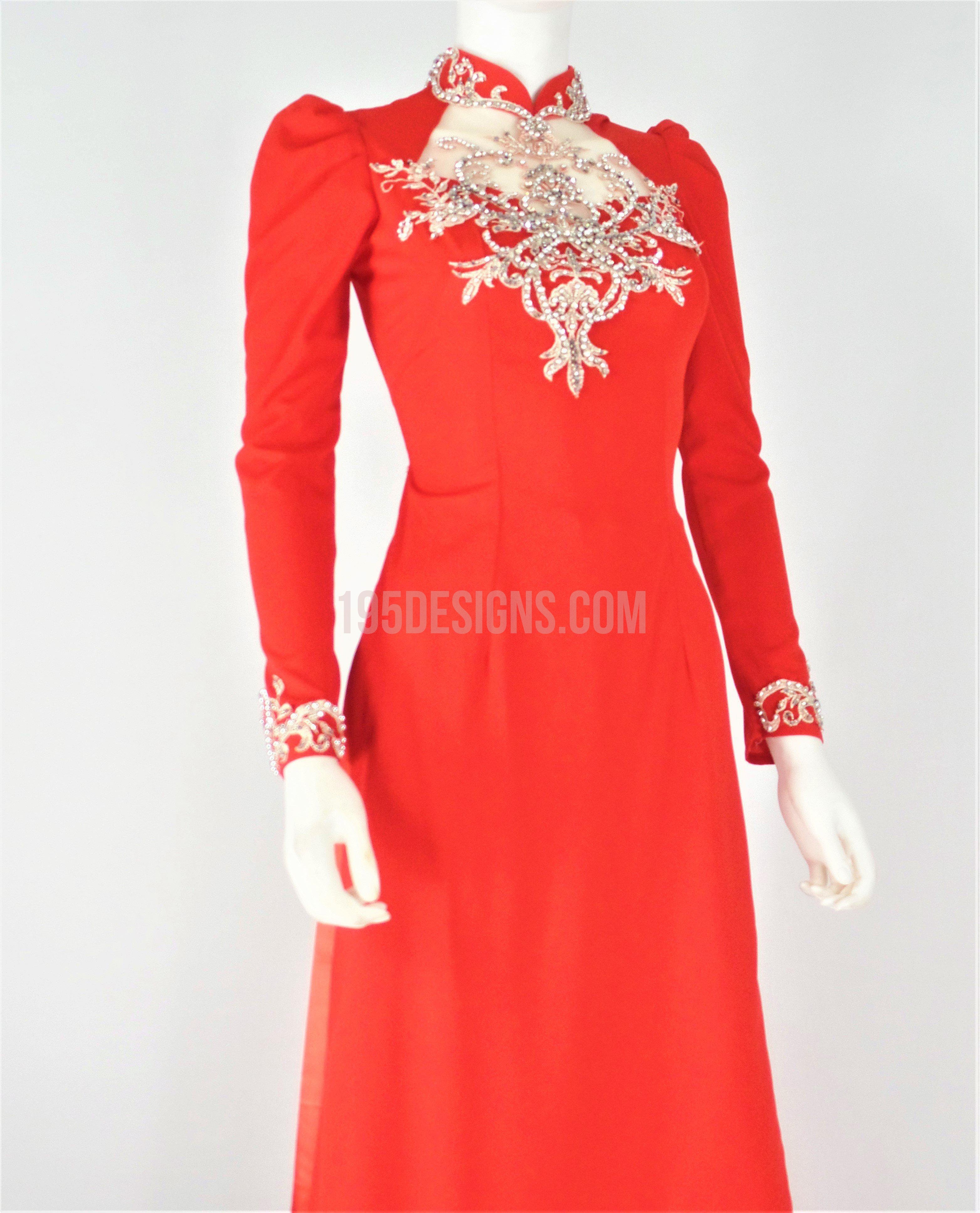 Red Ao Dai Vietnamese Long Dress / Áo Dài Lụa Đỏ Tay Phồng