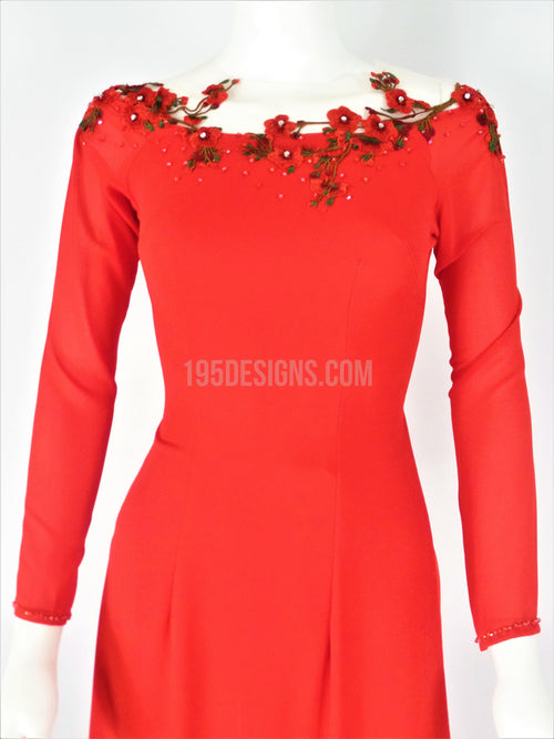 Red Ao Dai Crystal Vietnamese Long Dress / Áo Dài Đỏ 4 Tà Kết Hoa (A)
