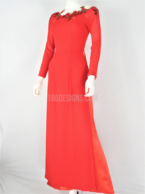 Red Ao Dai Crystal Vietnamese Long Dress / Áo Dài Đỏ 4 Tà Kết Hoa (A)