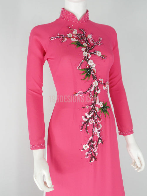 Pink Ao Dai Vietnamese Long Dress / Áo Dài Tầm Ý Hồng Kết Hoa (A)