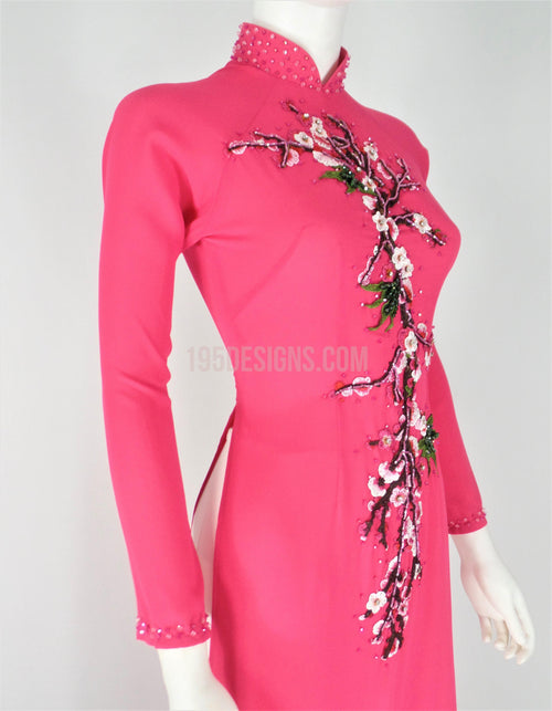 Pink Ao Dai Vietnamese Long Dress / Áo Dài Tầm Ý Hồng Kết Hoa (A)