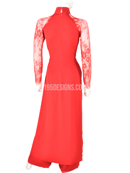 Red Vietnamese Long Dress /  Áo Dài Lụa Đỏ Tay Ren Kết Hoa