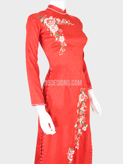 Áo Dài Gấm Đỏ Thêu Hoa  | Red Embroidered Ao Dai