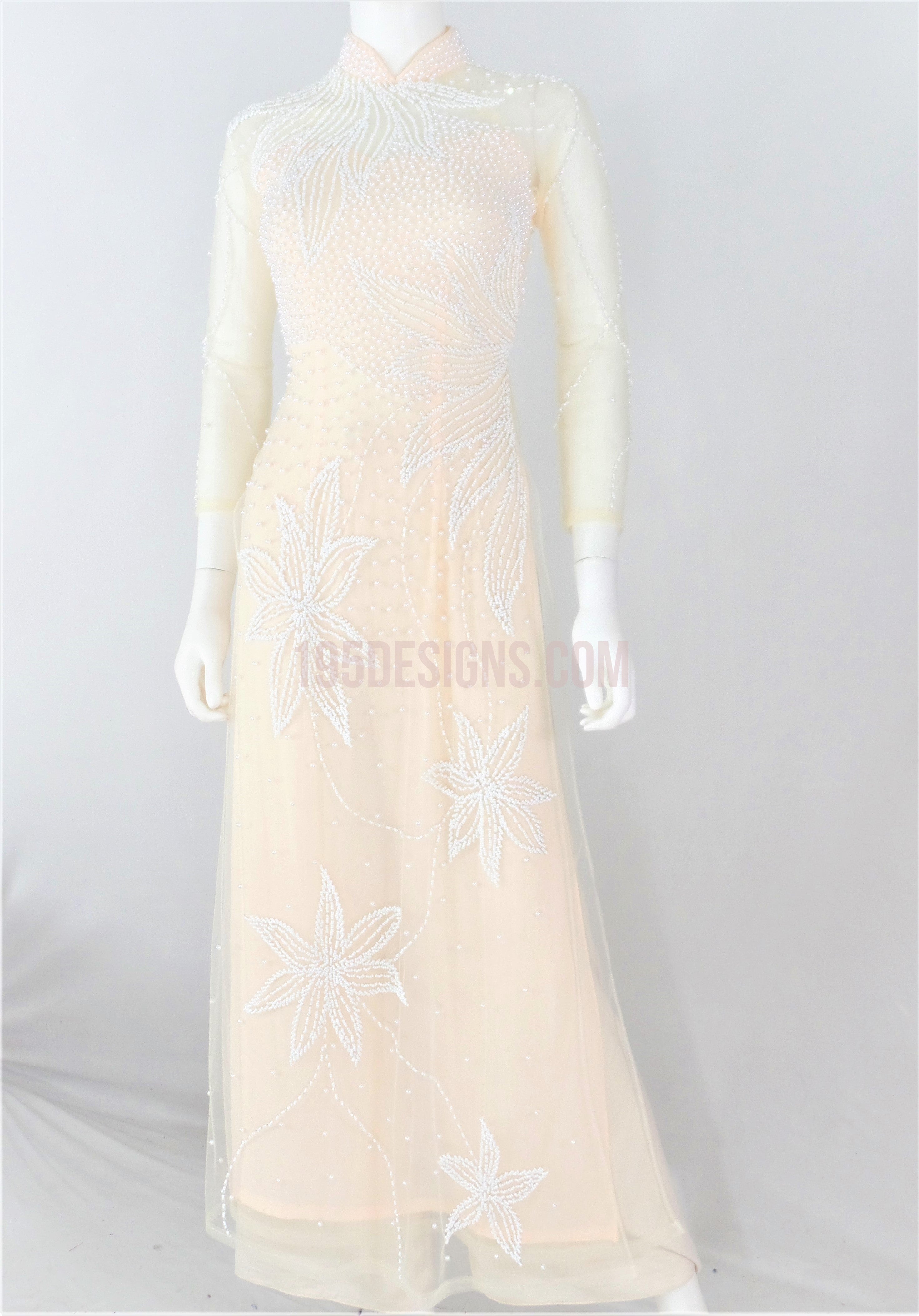 Crystal Vietnamese Long Dress / Áo Dài Màu Kem Đính Đá Cườm
