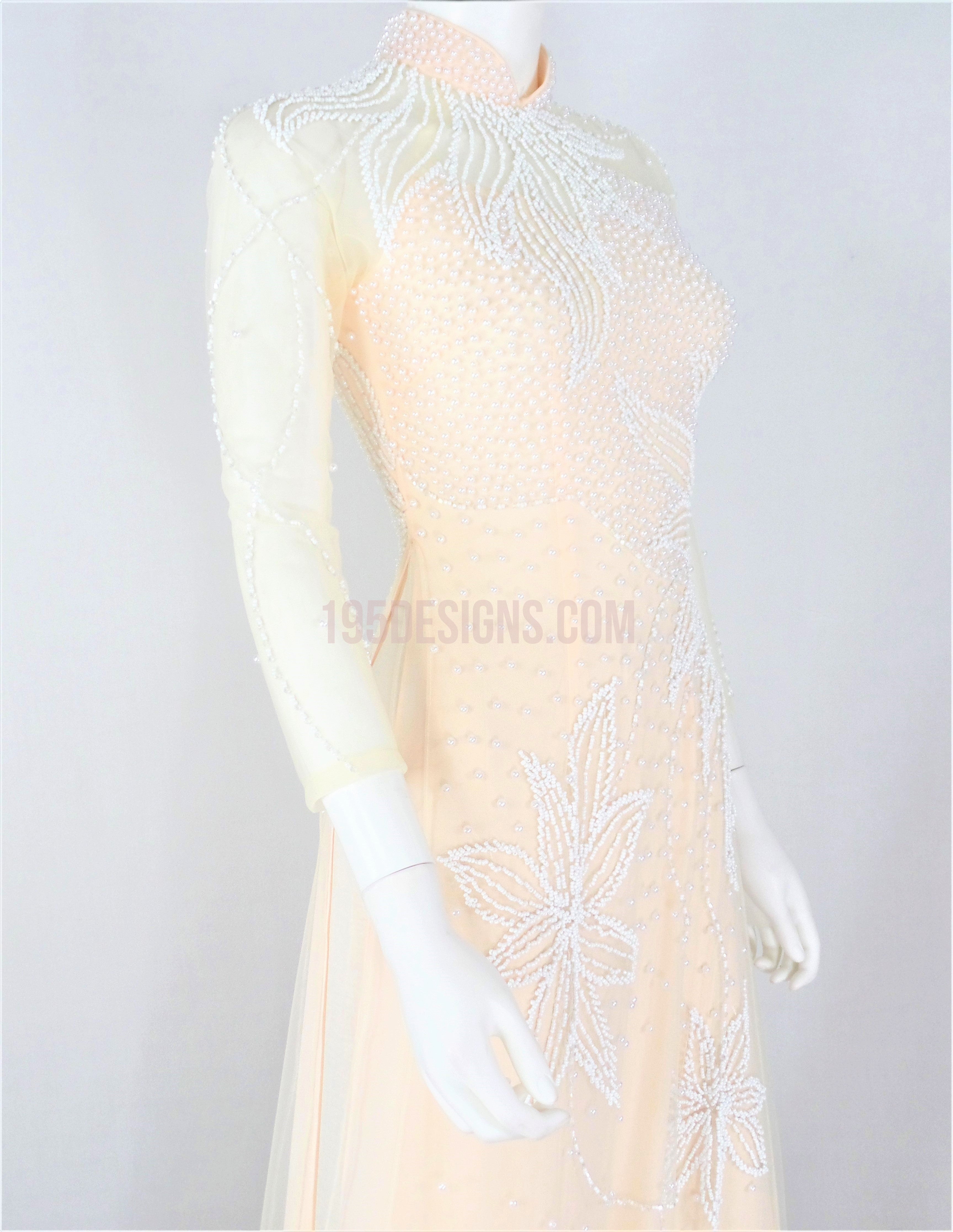 Crystal Vietnamese Long Dress / Áo Dài Màu Kem Đính Đá Cườm