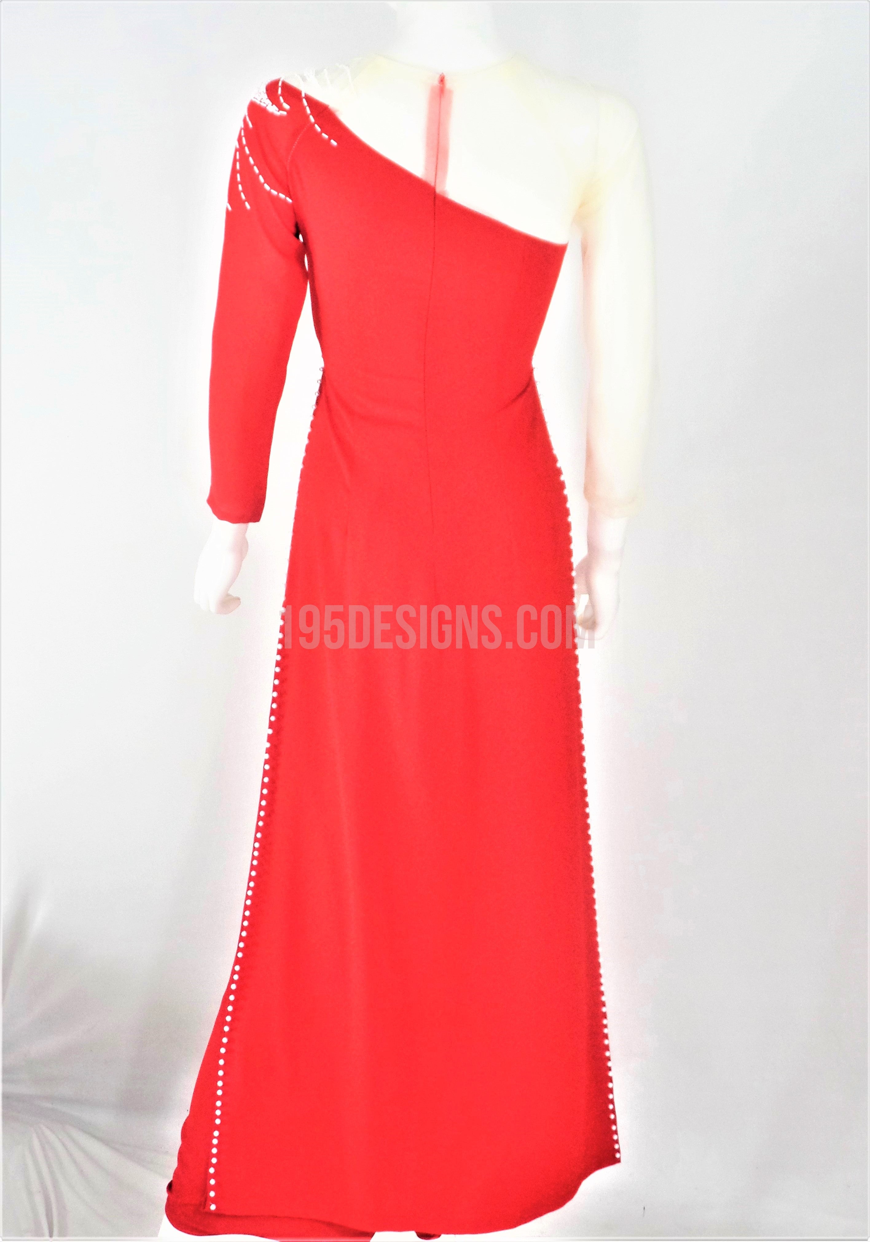 Red Vietnamese Long Dress /  Áo Dài Lụa Đỏ Kết Cườm Tay Hai Màu