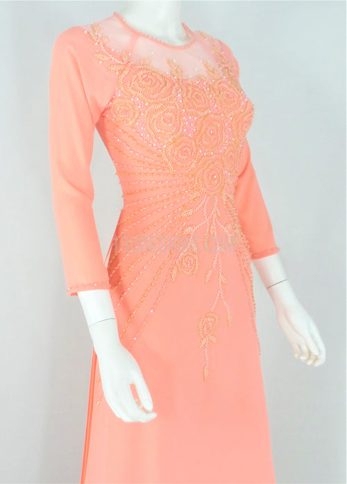 Pink Vietnamese Long Dress / Áo Dài Hồng Cam Kết Hoa Cườm