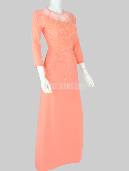 Pink Vietnamese Long Dress / Áo Dài Hồng Cam Kết Hoa Cườm