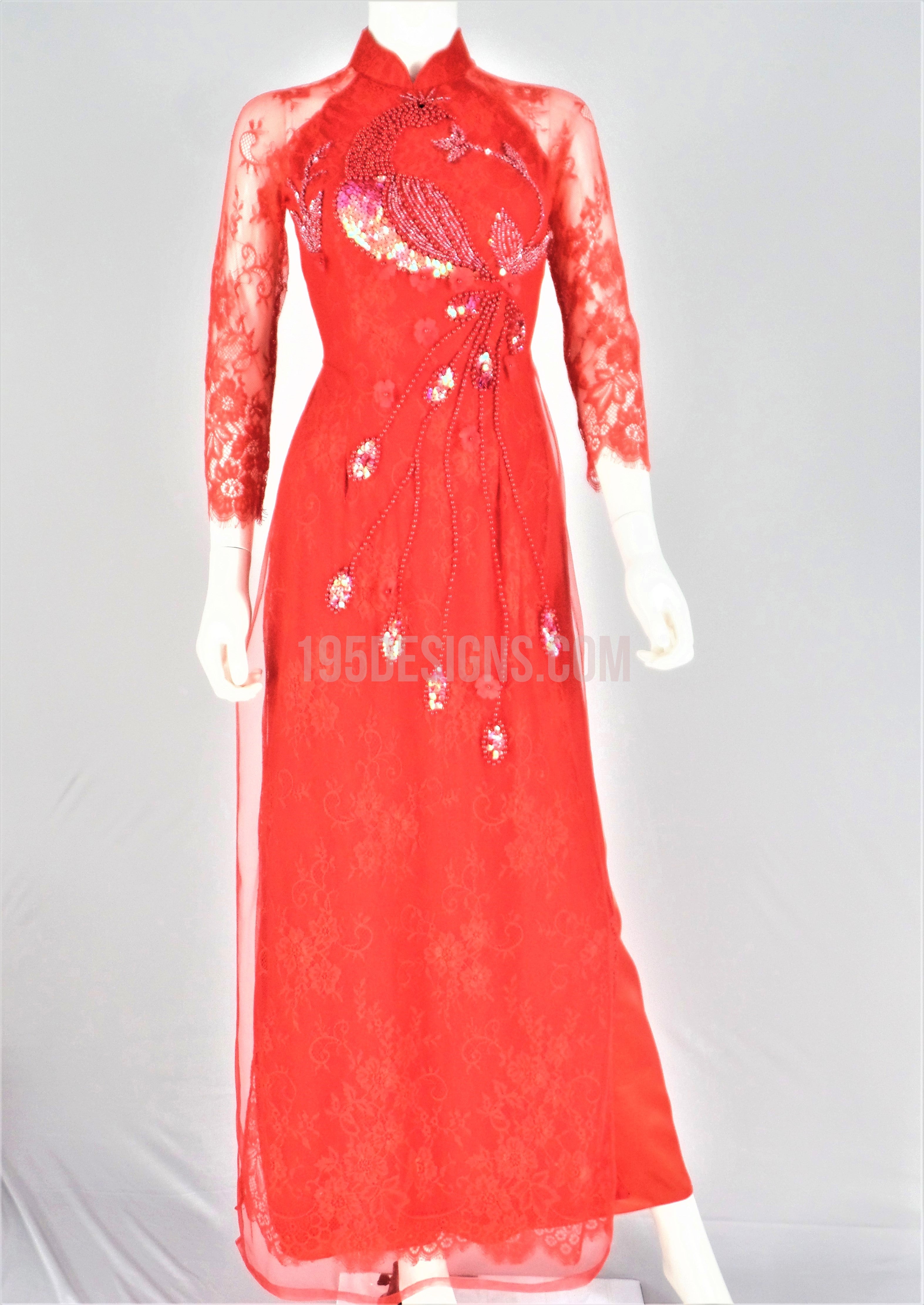 Red Vietnamese Long Dress /  Áo Dài Ren Đỏ Kết Cườm Chim Công