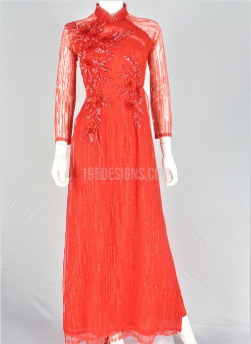 Red  Vietnamese Long Dress / Áo Dài Kim Tuyến Đỏ Kết Cườm
