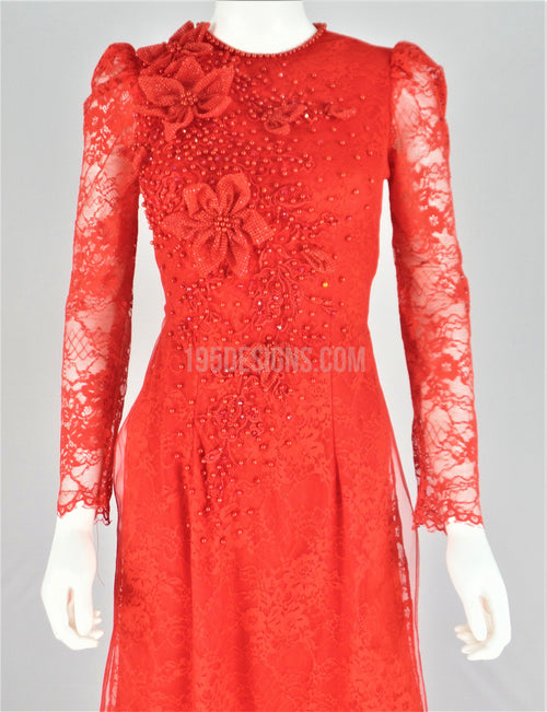 Red Vietnamese Long Dress /  Áo Dài Ren Đỏ Kết Hoa 3D