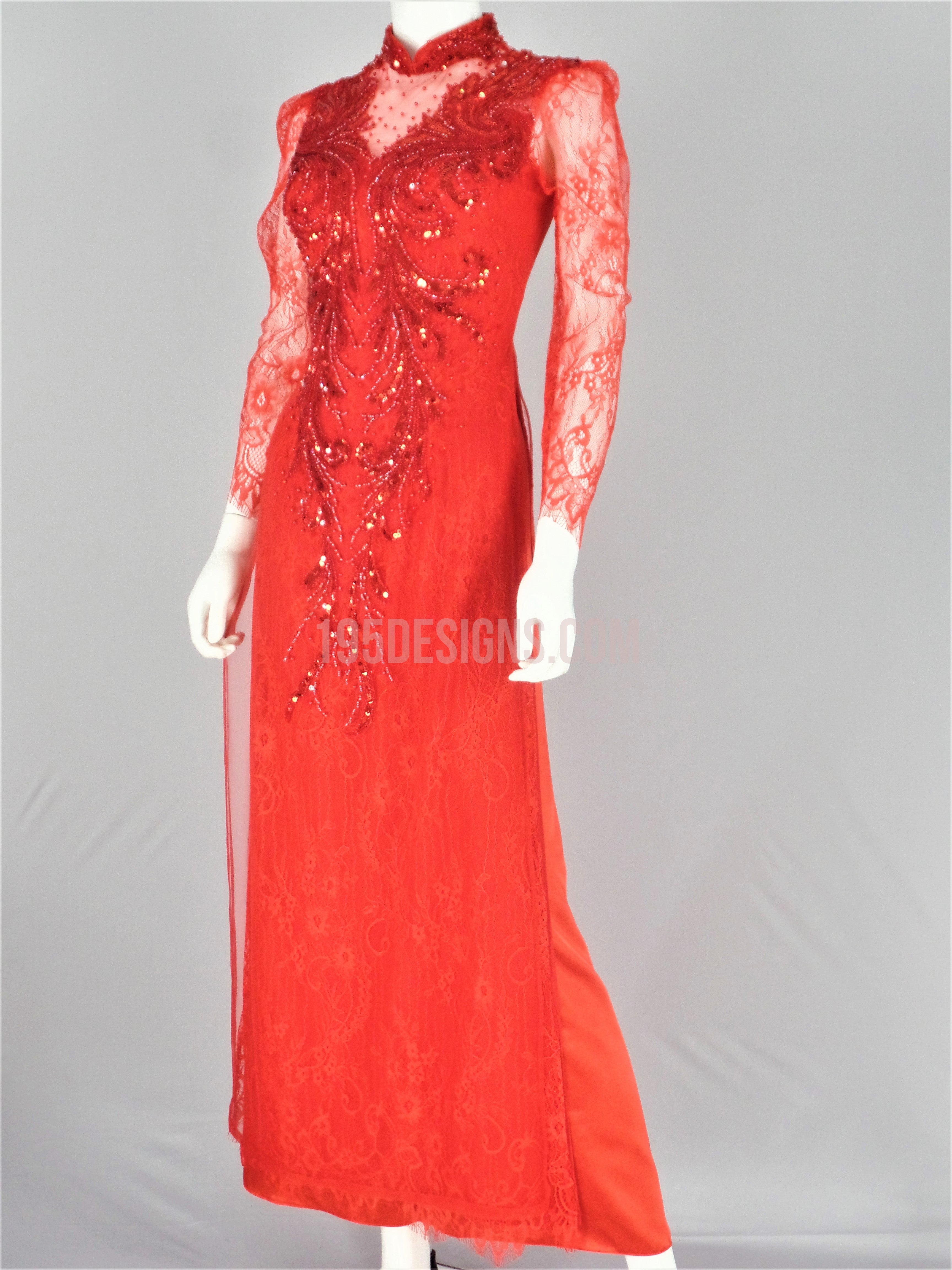 Red Vietnamese Long Dress /  Áo Dài Ren Đỏ Kết Cườm