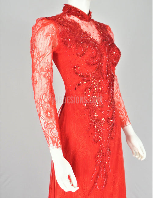 Red Vietnamese Long Dress /  Áo Dài Ren Đỏ Kết Cườm