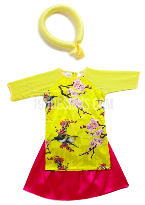 Áo Dài Bé Gái Vàng Bộ Có Vấy Hồng | Yellow Ao Dai Baby Kid Set - Lunar New Year